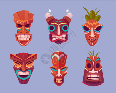 维基面罩哈瓦伊族部落图腾木制神脸和角叶子图片