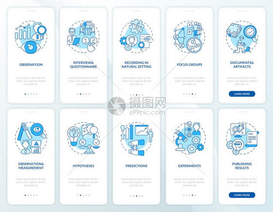 使用设置概念的移动应用程序页面屏幕进行科学研究实验和假设通过5步图形说明带有RGB颜色插图的UI矢量模板图片