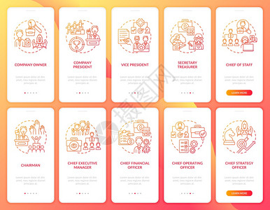 上层管理设置了概念的移动应用程序页面屏幕全公司总裁Ceo帮助者通过10步图形指示配有RGB颜色插图的UI矢量模板顶层管理者设置了图片