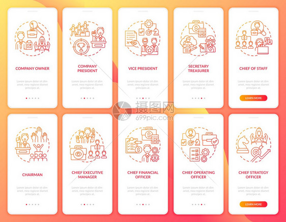 上层管理设置了概念的移动应用程序页面屏幕全公司总裁Ceo帮助者通过10步图形指示配有RGB颜色插图的UI矢量模板顶层管理者设置了图片