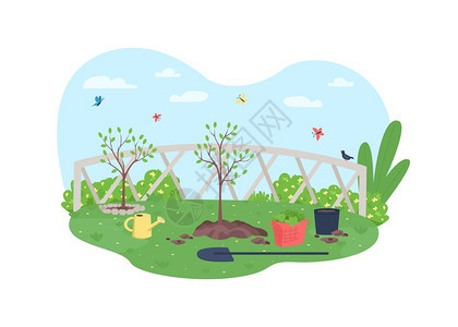 园林2D矢量网络横幅海报园艺和植物护理浇水干春院平面的卡通背景植树可打印的补丁多彩网络元素图片