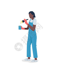 带有油漆平板彩色矢量的非洲美妇女不露面身着制服的油漆笔刷人员DIY家庭改进为网络图形设计和动画制作提供孤立的漫画插图图片