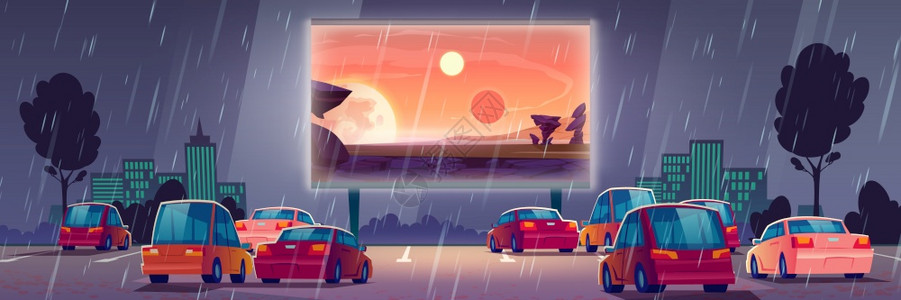 汽车视频夜间露天停车时有汽的入门剧院在雨下站立大型户外屏幕有市景背的电影卡通矢量插图汽车街头电影有雨天插画