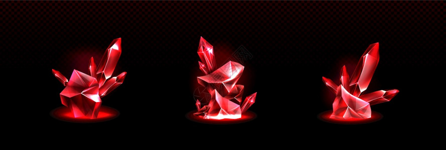 珍贵的红宝石在透明背景上隔绝的闪亮红晶体由3个不同形状岩石矿物地质晶体组成的矢量现实3个宝石组珍贵的红宝石闪亮晶体图片