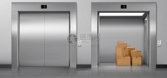 走廊内封闭和开着门的货运电梯矢量现实的空代内部装有电梯机舱的纸板箱装有按钮的金属面板和墙上显示的地板装有纸箱的货运电梯图片