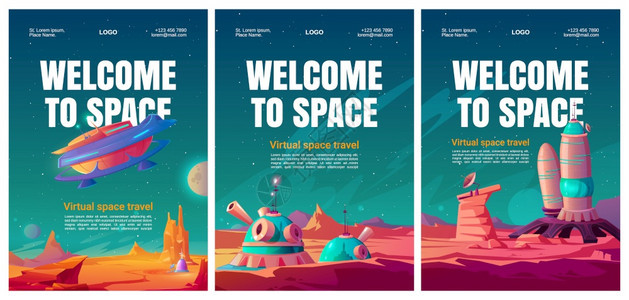 虚拟空间旅行传单VR技术通过银河系探索和殖民化外来行星扩大现实矢量海报带有殖民地基和航天器的火星漫画景观图片