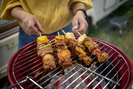 朋友做烧烤BBQ在大自然的热火上烧烤晚的宴图片