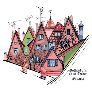 德国巴伐利亚市罗德堡陶伯市名的中世纪古老城镇典外形和屋顶的矢量颜色草图图片