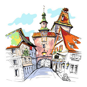德国巴伐利亚州罗德堡陶伯市中世纪老城罗德堡陶伯市Markusturm的矢量颜色草图图片
