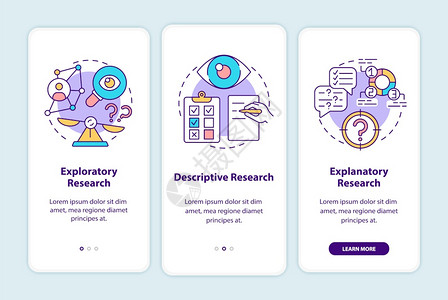 具有概念的移动应用程序页面屏幕上的科学研究类型和实验通过三步图形说明带有RGB颜色插图的UI矢量模板带有概念的移动应用程序页面屏图片