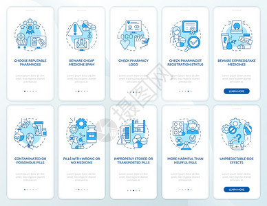 在线药店上装有概念的移动应用程序页面屏幕要小心廉价药品垃圾邮件横穿10步图形指示配有RGB彩色插图的UI矢量模板配有概念的在线药图片