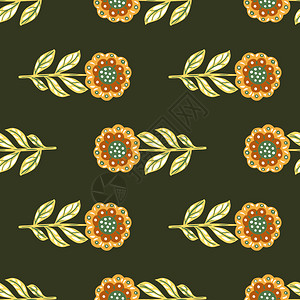 植物无缝模式包括橙色观赏民间花卉元素装饰绿橄榄背景用于织物设计纺品印刷包装封面矢量插图植物无缝模式包括橙色民间花卉元素装饰绿橄榄图片