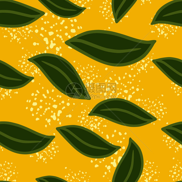 随机无缝模式手画绿叶形状打印黄色背景有喷洒设计用于布料纺织品印刷包装覆盖矢量说明随机无缝模式有喷洒图片