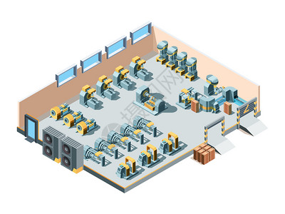 说明工业内部设备建筑内部生产重型钢机械制造设备工程插画