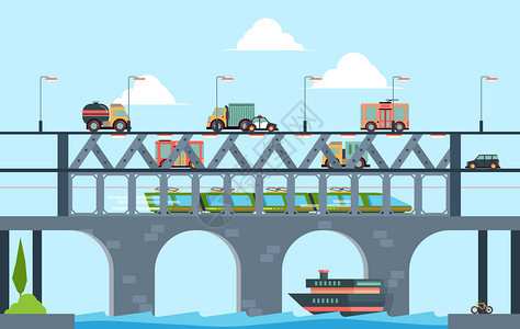 快速卡车高公路桥配有汽车矢量卡通背景图公路高速供运输交通之用横渡河流配有桥梁图片