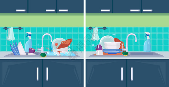 厨房用具厨房肮脏的洗碗槽和干净的洗碗槽插画