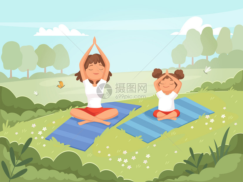 家庭瑜伽母亲和女儿在公园内户外锻炼在公园内健身训练技能培卡通背景有母亲的女儿做瑜伽运动和健身家庭瑜伽母亲和女儿在公园内户外锻炼技图片