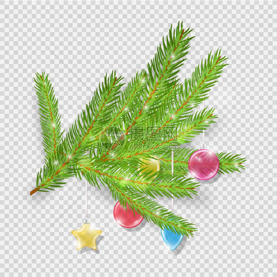 圣诞装饰品绿色圣诞树枝和玻璃球矢量冬季假日元素绿色圣诞树枝和彩色球杯绿圣诞树枝和玻璃球标注绿色圣诞树枝和彩色球杯图片