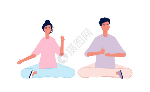 瑜伽室男女在瑜伽类室的字符和在瑜伽类室的男女角色之间在兼顾家庭关系的病媒概念上位置平衡集中健身锻炼作为插图在相互间默想男女在瑜伽类室的插画