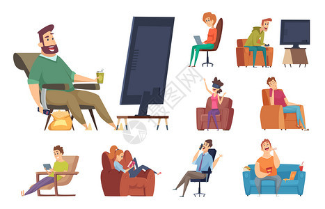 静态人物生活方式坐在智能手机里阅读聊天的人用设备矢量看不健康的人静坐沙发放松人卡通静坐物生活方式者用设备矢量看不健康的人图片