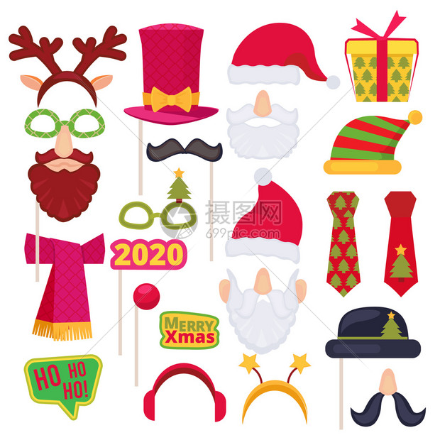 圣诞照片亭面具雪帽新年树花服装饰矢量漫画插图说明圣诞节派对服装胡子和帽圣诞面具雪帽新年树花服装饰矢量漫画图片
