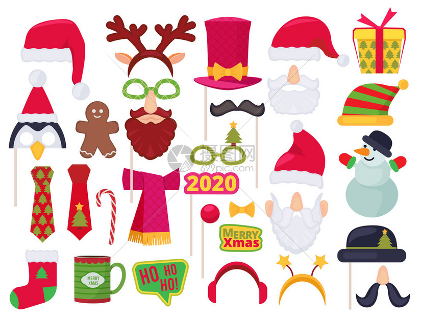 圣诞节展间假日有趣的人物服装和帽子用于摄影聚会以蒙面的Santa雪人精灵矢量为主题请说明姜饼袜和弓剪布化妆舞会Xma假日有趣的人图片