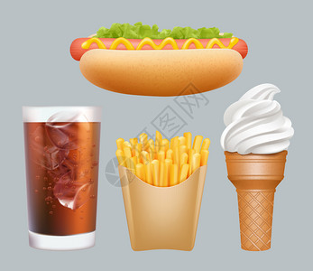 真实的垃圾食品热狗冷饮冰淇淋薯条矢量3D图表饮料和热香肠薯条冰淇淋插图快速食品现实的垃圾食品热狗3d图表图片
