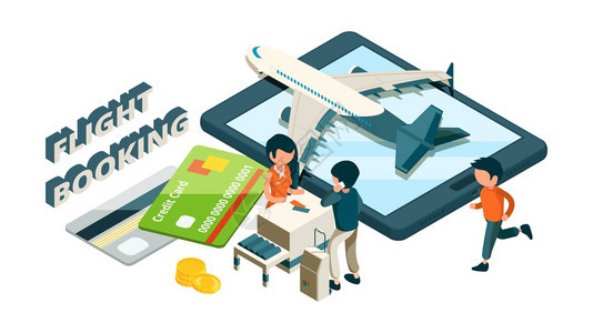 飞行预订购买在线机票等量概念矢3d前台乘客飞机信用卡指示检查飞机预定行在线机票等量概念图片