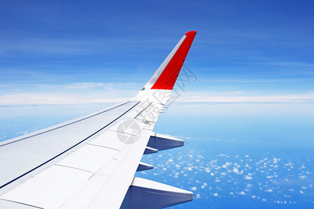 在飞机窗口看到天空中的云和飞机机翼图片