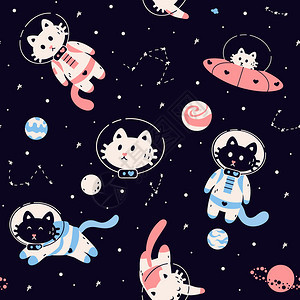 空间动物模式无缝黑色背景与宇宙空间飞船行星和穿着太空服的可爱滑猫无缝黑色背景木偶装饰包纸壁矢量印刷或织物宇宙空间飞船行星的无缝黑图片