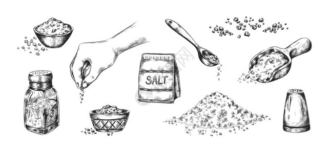 手工抽盐真实的电池或碗有咸味调料的碗大量粉末和加钠水晶的勺子烹饪和保存食物的传统成分病媒素描现实的盐电池或加调味料的碗粉末和含有图片
