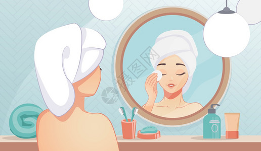 女孩皮肤护理在浴室清洗脸皮和使用夜间润肤剂的卡通美容女孩镜像反射女日常活动以及女日常美容有机化妆品和奶油病媒概念镜像反射女日常活图片