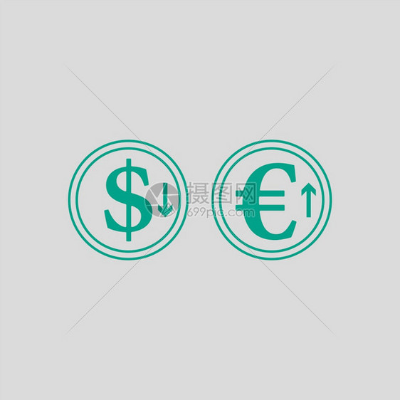 下跌美元和增长的欧元硬币图标绿色的灰背景矢量说明图片