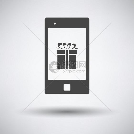 屏幕图标上的带礼品盒智能手机灰色背景上的黑暗灰色圆影矢量说明图片