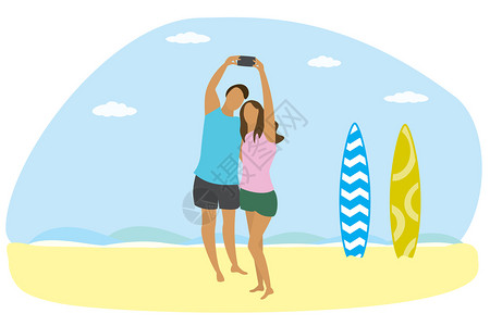在海洋滩和两个冲浪板上相爱的幸福情侣人们用简单的时尚风格来进行自拍充气矢量图解图片