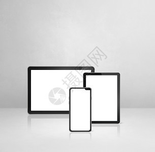 3D说明移动电话和白色混凝土办公桌上的数字平板电脑图片