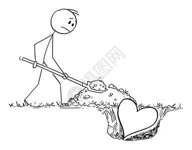 人与铁铲掩埋心脏失恋的概念矢量卡通棒图或格插人与埋心失爱的概念Vector卡通棒图一说明图片