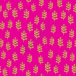 随机无缝模式带有小黄叶分支元素打印亮粉红背景设计用于布料纺织品印刷包装封面矢量插图随机无缝模式带有小黄色叶分支元素打印图片