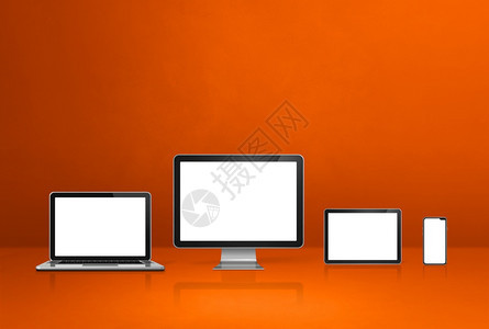 计算机膝上型移动电话和数字平板脑移动话和数字平板脑橙色办公桌背景3D说明计算机图片