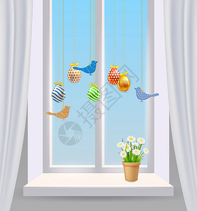 窗台上的复活节彩蛋和花朵盆栽卡通矢量插画图片