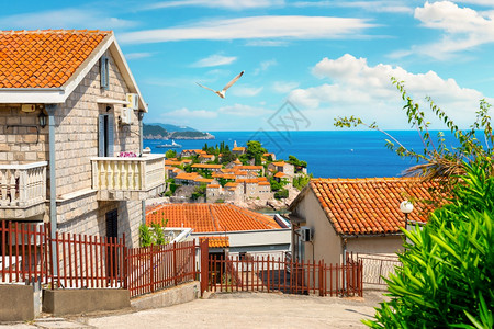 SvetiStefan这个小度假村镇的街道背景图片