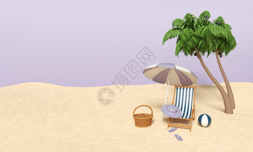 3个插图沙子和椅海滩伞夏季元素暑假概念图片