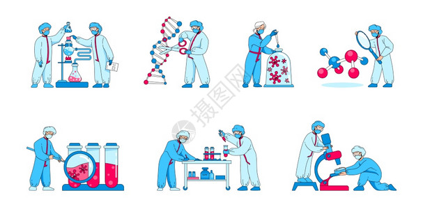 生物医疗研究病原体和DNA结构的科学家插画