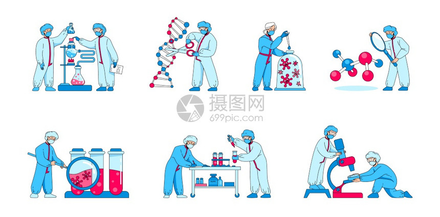 研究病原体和DNA结构的科学家图片