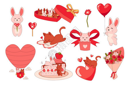 带心的动物卡通浪漫贴纸给红气球的可爱兔子和在贺卡上签名的滑稽小猫假日蛋糕和花束带糖果的礼物或盒矢量给气球和小猫的可爱兔子在贺卡上图片