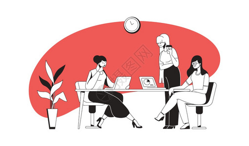 企业介绍展架企业介绍和项目谈判卡通雇员坐在桌边议谈可爱的妇女讨论合作集思广益或与合作伙伴沟通病媒会议妇女讨论合作病媒会议插画