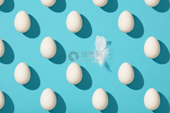 蓝色背景的白蛋和羽毛模式食物复活节概念图片