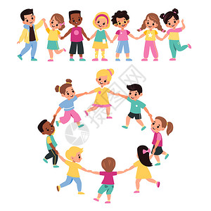 舞女孩和男一起组成链条和环圈小朋友一起握手矢量卡通片在白色段被