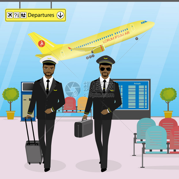 载客乘务人员在现代机场行走携带李穿制服的驾驶员机场内部和家具卡通矢量插图图片
