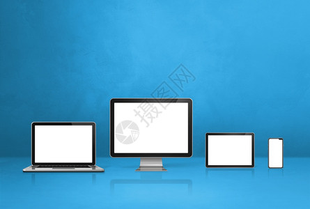 小清新书桌计算机膝上型移动电话和数字平板脑移动话和数字平板脑c蓝色办公桌背景3D说明计算机移动电话和数字平板脑c蓝色背景背景
